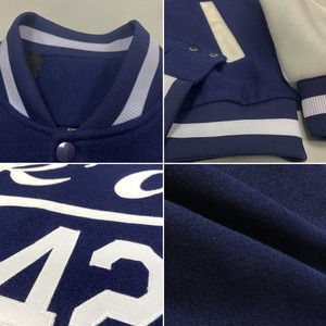 เสื้อแจ็คเก็ตวาร์ซิตี้สีกรมท่าขาวแบบสองสี  ติดกระดุมเต็มตัว  ทำจากผ้าขนสัตว์และหนัง  แบบ Letterman  พรีเมียม  สำหรับทุกเพศ  เหมาะสำหรับทีมและโรงเรียน - Product Image 5
