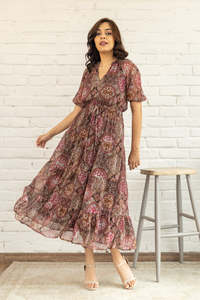 Vestido Midi Boho de Gasa con Cuello en V, Estampado Paisley, Manga Corta, Corte Holgado, Estilo A-Line, Vestido Casual de Verano para Mujer, Vestido Elegante para Mujer - Product Image 1