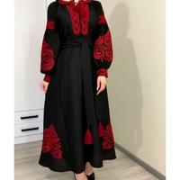 Robe longue brodée vert coton pour femme, style A-line, ethnique ukrainienne, broderie folklorique Vyshyvanka, bohème, écologique, vintage
