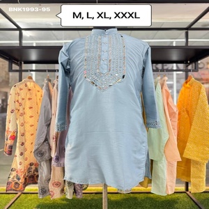 Best Quality Pure Silk with Yoke & Sleeve Boder Mirror-work Full-Sleeve & Knee-Length <b>Kurta</b>-Payjama Collection Wholesale Supply - Product Image 1
