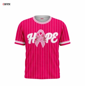 Camiseta Deportiva Personalizada Rosa Fresa a Rayas con Estampado de Lazo de Esperanza, Cuello Redondo, Manga Corta, Transpirable, de Poliéster - Product Image 1