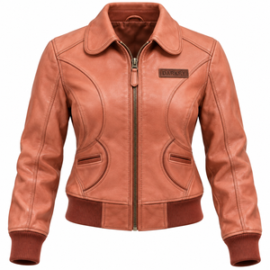 Chaqueta Bomber de Cuero Auténtico para Mujer, Color Durazno, con Bolsillos Personalizados OEM, Cintura Acanalada, Abrigo Informal para Dama - Product Image 1