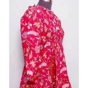 Blusa de Algodón 100% con Estampado Floral Vintage, Cuello Mandarín, Mangas Cortas Abullonadas, Lavable, de Secado Rápido, Estilo Casual y Femenino - Product Image 5