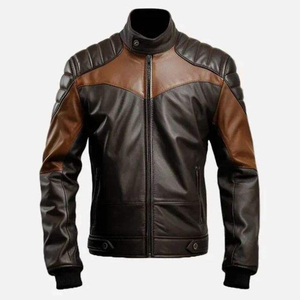 Blouson moto homme en cuir véritable marron, col rabattu, fermeture éclair, coupe ajustée, manches classiques, style motard automne - Product Image 1