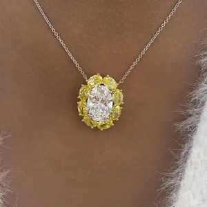 Luxury Oval Cut Diamond Halo <b>Pendant</b> Necklace with Yellow Diamond Accents in White <b>Gold</b> Elegant Statement Jewelry Gift for Women - Product Image 1