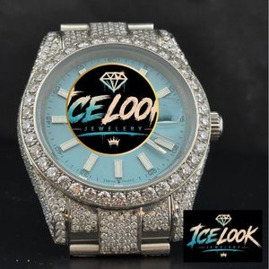 Montre de luxe Ice Look à quartz avec lunette sertie de diamants, cadran bleu, bracelet en acier inoxydable, unisexe, résistante à l'eau, réserve de marche - Product Image 1
