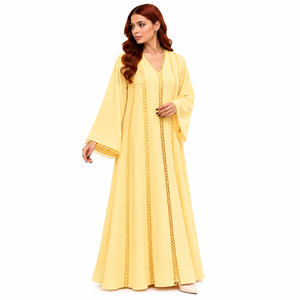 Abaya évasée jaune à bordure dentelle, robe musulmane modeste à manches longues, coupe ample, style Dubaï, pour femme, pour l'Aïd, mariage, Ramadan, usage quotidien islamique - Product Image 2