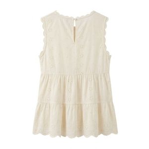 Custom Voile <b>White</b> Cotton Blouse <b>Sleeveless</b> Tiered Flounce Scalloped Trim Round Neck Cozy Airy Breathable Summer Blouses - Product Image 3