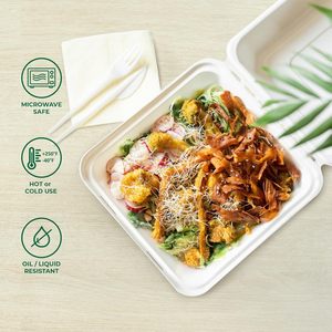 Caja para Hamburguesas Desechable de 9x9 Pulgadas, Fabricada con Bagazo de Caña de Azúcar, Libre de BPA, Apta para Microondas, Biodegradable, Compostable, con Tapa Abatible - Product Image 3