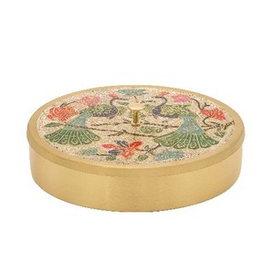 Boîte à masala en laiton à imprimé floral, boîte de rangement ronde en laiton pour épices avec couvercle imprimé floral coloré pour usage en cuisine, vente en gros, exportation - Product Image 1