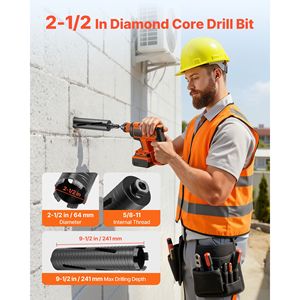 Punta diamantata per carotaggio a secco da 2 1/2 pollici di diametro, profondità di foratura 9 1/2 pollici, punte interne da 5/8-11 per muratura e cemento - Product Image 2