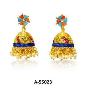 Pendientes de Aleación Chapados en Oro con Piedras Rojas y Verdes, Joyería Étnica India para Mujer 55023 - Product Image 1