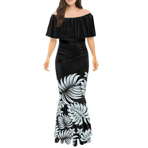 Vestido Largo Amarillo <span class=keywords><strong>con</strong></span> Estampado Tribal Polinesio, Manga Larga, Cola de Pez, Volantes en los Hombros, Diseño de Flores Tapa, Ropa Personalizada - Product Image 3