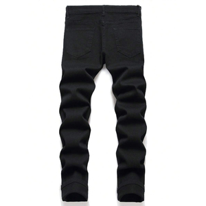 Men's Straight Fit <b>Black</b> Ripped Denim Jeans Mid Waist Casual Cotton <b>Pants</b> Button Fly Distressed Style Autumn Wear - Product Image 2