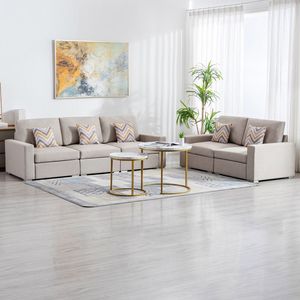 Set Divano e Poltrona Nolan 95.5 in Tessuto Lino Beige per Soggiorno con Gambe e Cuscini Intercambiabili - Product Image 1