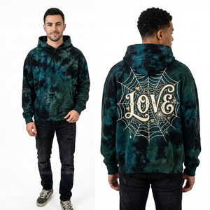 Sweat à capuche personnalisé délavé à l'acide vert foncé tie-dye effet usé pour homme, avec imprimé graphique toile d'araignée et motif 'Love', style streetwear - Product Image 1