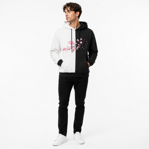 Sweat à capuche unisexe surdimensionné personnalisé, imprimé floral cerisier noir et blanc, style streetwear, en polaire, pour hommes et femmes - Product Image 1
