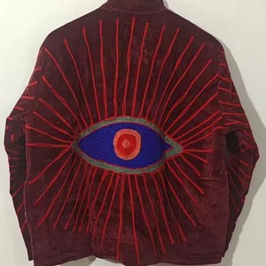 Indian Handmade Suzani <b>Quilted</b> Cotton Fleece Winter Stand Collar Reversible <b>Single</b> Breasted Bomber Jacket Hand Embroidered - Product Image 2
