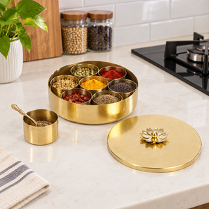 Handcrafted Brass Spice Box Masala Dabba Container Organizer Set Lotus Knob Lid Carved Spoon Indian Kitchen <b>Storage</b> Round Golden - Product Image 2