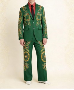 Traje Verde de Diseñador para Hombre con Estampado Floral y Motivo de Ruedas – Conjunto de Blazer y Pantalones para Fiesta - Product Image 1