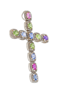 Pendentif Croix avec Pierres Multicolores Serties, Breloque Religieuse, Bijou Unisexe Tendance en Alliage Plaqué Argent - Product Image 4