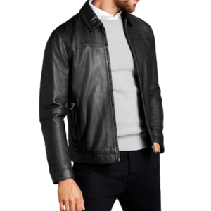 Veste d'hiver imperméable en cuir véritable de qualité supérieure pour hommes |   Col montant noir, fermeture éclair, doublure en polyester, 220g, décontracté - Product Image 1