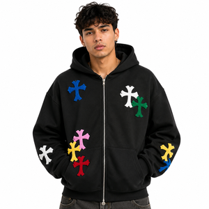 Sudadera con capucha para hombre de chenilla con parche cruzado, negra, de mezcla de algodón y forro polar, con cremallera completa, logotipo personalizado, oversize, multicolor, estilo streetwear, fabricante - Product Image 1