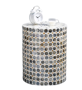 Round Coin Mosaic Cylinder Accent <b>Stools</b> Mother of Pearl Handcrafted Small Side Table For Living Room <b>Bedroom</b> Decor Use - Product Image 2