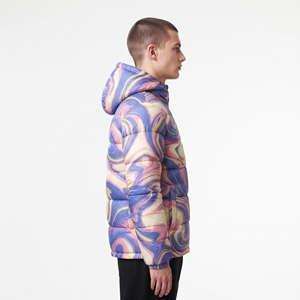 Veste matelassée à capuche pour homme, coupe-vent, épaisse, longue, pour l'hiver, imprimé tourbillon violet rose jaune, streetwear - Product Image 2