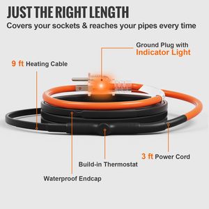 Cavo Autoriscaldante da 9FT 5W/FT per Tubi, Protezione Antigelo per Tubature dell'Acqua, Nastro Riscaldante Integrato - Riscaldatori e Coperte Termiche - Product Image 2