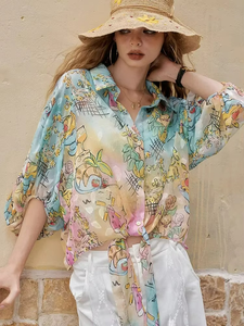 Blusa estampada de verano para mujer, camisa tejida holgada de manga larga con botones, top informal - Product Image 3
