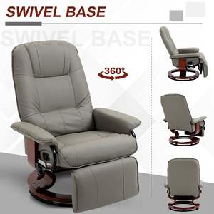 Sillón reclinable giratorio ajustable, cuero sintético gris ajustado manualmente con reposabrazos y reposapiés de base de madera para sala de estar - Product Image 6