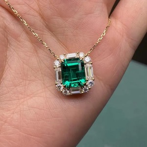 4.5ct Lab <b>Emerald</b> <b>Pendant</b> Green Gemstone Necklace 18k Gold Art Deco Halo Charm Baguette Diamond Necklace <b>Pendant</b> - Product Image 5