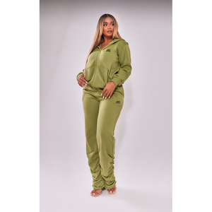 Wholesale Women Olive Hoodie and Stacked <b>Pants</b> Set Custom Casual Two Piece Tracksuit OEM Factory Supplier - Product Image 1