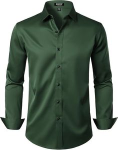 <b>Men's</b> Dark Green <b>Satin</b> Dress <b>Shirt</b> Full Sleeve Solid Turn-down Collar Anti-Wrinkle Formal - Product Image 1