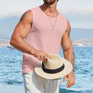 Pink Men's Casual Tank <b>Top</b> Waffle Knit Sleeveless Shirt Breathable Lightweight Summer Muscle Tee Athletic Workout <b>Top</b> for Gym - Product Image 6