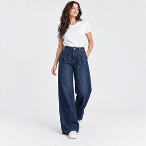 High Waist Wide Leg Pleated Denim <b>Jeans</b> for <b>Women</b> <b>Dark</b> <b>Blue</b> - Product Image 5