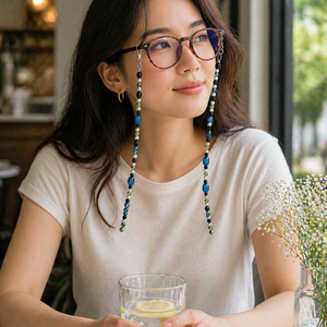 Cadena para Gafas con Cuentas Antideslizantes, Perlas Ovaladas Azules, Detalles Negros, 70cm, Cordón para Gafas Ópticas - Product Image 4