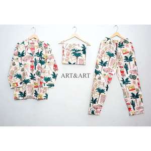 Conjunto de Pijama de Algodón Estampado a Mano de la India, Ropa de Dormir Elegante y Moderna para Mujer y Hombre, Transpirable, 100% Algodón para el Verano - Product Image 3