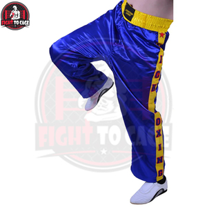 Latest Quality Blue & Yellow Kickboxing Trousers Embroidered <b>Writing</b> OEM Service Unique Design Adult Wear Kick Boxing Trousers - Product Image 3