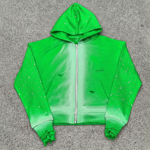 Unisex <b>Zip</b>-<b>Up</b> <b>Hoodies</b> for Streetwear Sun Faded Wash with Rhinestones Oversize Fit Hooded Collar in <b>Red</b> - Product Image 5