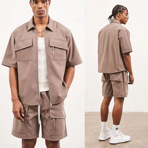 Men's Solid Color Cargo Shorts Set Short Sleeve Zipper Hooded Collar Regular Fit Breathable Summer Casual Streetwear Wear - Product Image 3
