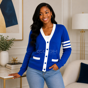 Cardigan en tricot contrasté bleu et blanc pour femme Cosh International, manches longues, style preppy, pull en tricot jacquard - Product Image 4