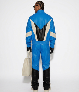 Ensemble de survêtement de luxe en cuir véritable et cuir PU épais, coupe-vent et écologique, avec veste à capuche en cuir - Product Image 5