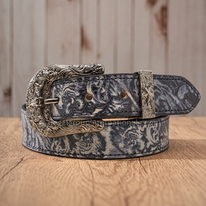 Cinturón de Cuero Grabado a Mano con Diseño Floral Gris y Negro Estilo Western Premium para Hombre y Mujer, Acabado Vintage de Mármol de Alta Calidad - Product Image 3