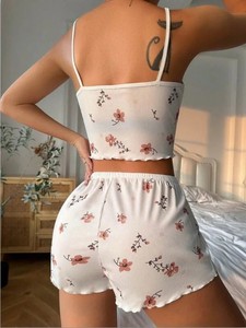 Ensemble de détente côtelé à imprimé floral pour femme, caraco et short, vêtements de nuit, tenue décontractée d'été, mélange polyester/coton, taille élastique, respirant - Product Image 2