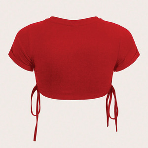 T-shirt court pour femme en coton tricoté personnalisé, coupe ajustée avec cordon de serrage, tissu doux, style streetwear, chemises pour femmes - Product Image 6
