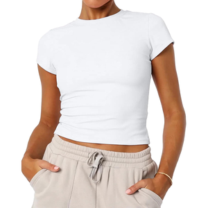 Women's Crew Neck Short Sleeve <b>Crop</b> <b>Top</b> Solid Color Knitted Casual Slim Fit Spring Summer Wear - Product Image 5