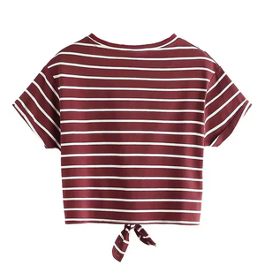 Women's Striped Crop <b>Top</b> O-Neck <b>Cap</b> <b>Sleeve</b> Loose Fit Knitted Casual Spring Summer Bow Detail - Product Image 2