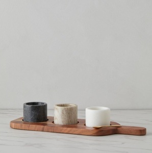 Natural Marble Bowl Set with Wooden Base Three Cup Condiment Server Modern Serving Set Salt <b>Spice</b> Holder Luxury Tabletop Kitchen - Product Image 4
